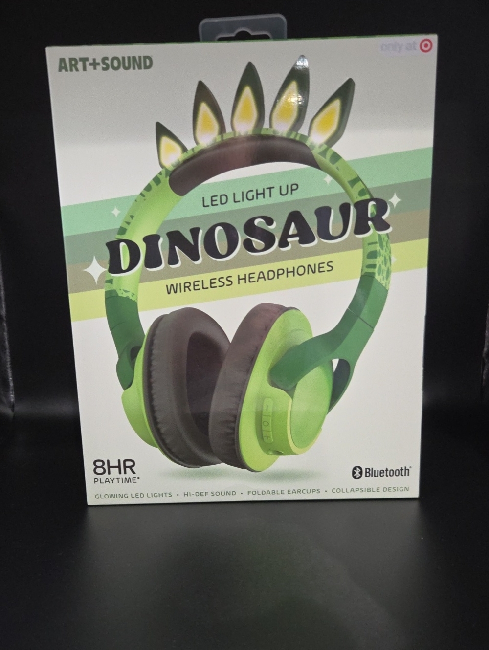 NIB Art + Sound LED Light Up Wireless Headphones Green Dinosaur